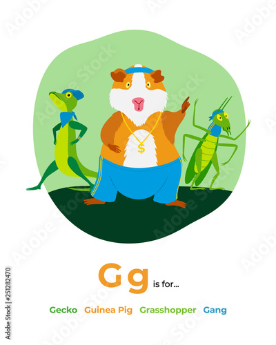 English alphabet Colored cartoon with letter G for children, with pictures to these letter with gecko, guinea pig, grasshopper, gang, hip-hop, gold. - Vector