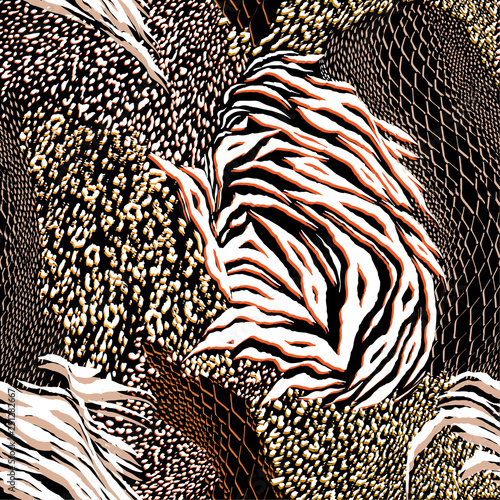 Stylish Mixed animal skin,tiger,zebra,leopard,snake, background. Seamless pattern vector design for fashion fabric ,wallpaper