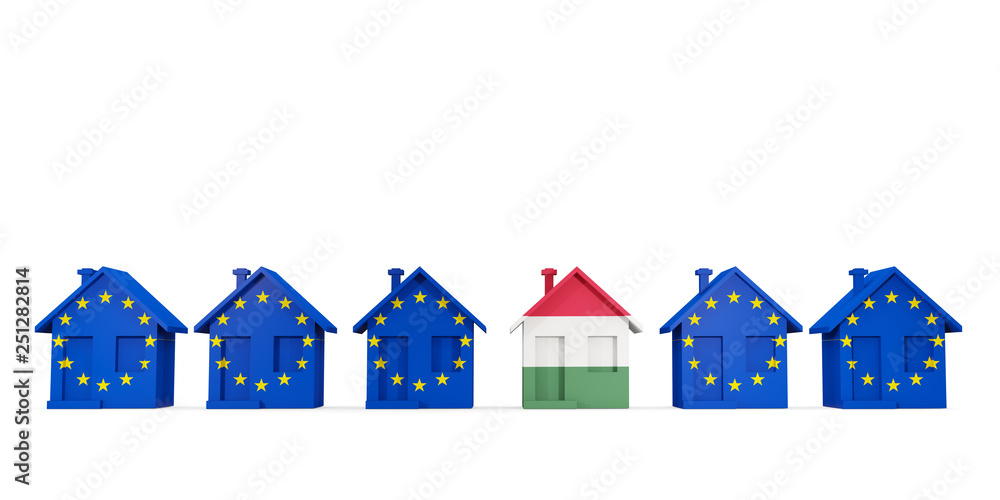 House with flag of hungary in a row of EU flags