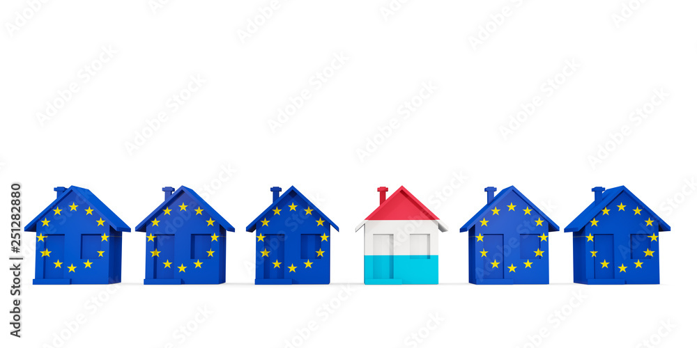 House with flag of luxembourg in a row of EU flags House with flag of luxembourg in a row of EU flags