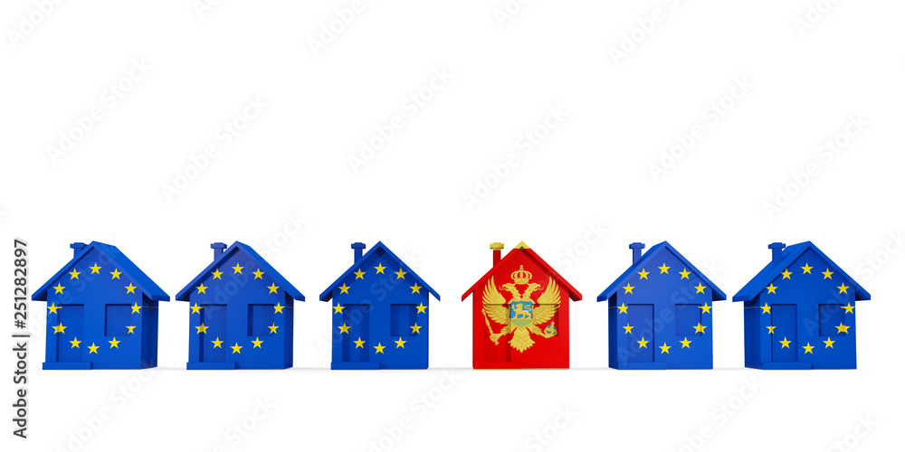 House with flag of montenegro in a row of EU flags House with flag of montenegro in a row of EU flags
