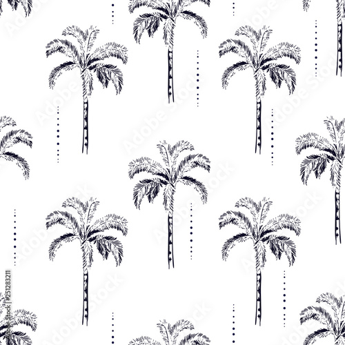 Palm and coconut trees silhouette on the white background. Vector seamless pattern with tropical plants