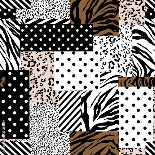 Trendy animal skin mixed with geometric pattern ,polka dots and stripe in modern patchwork collage style seamless vector