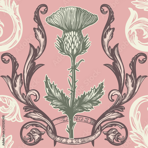 Beautiful bohemian damask seamless ornament with thistle flower.