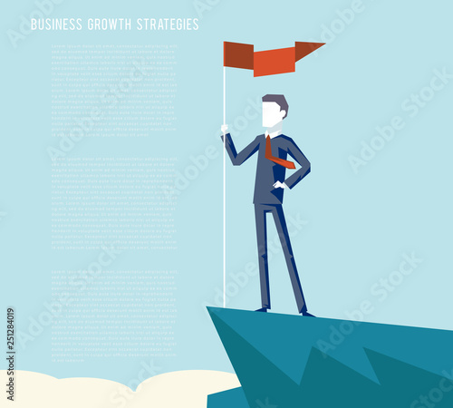 Business triumph top flag point goal achievement businessman character symbol mountain clouds background business concept flat design vector illustration
