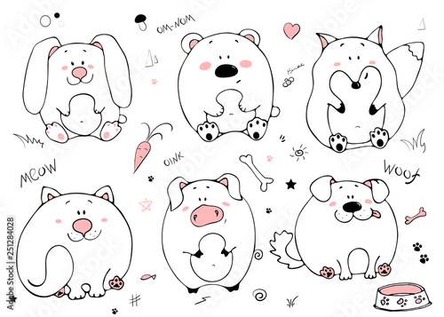 Hand drawn portrait of a cute funny fat animals. Set of isolated objects on white background. Vector illustration with rabbit, bear, fox, cat, dog and pig. Design concept for children print