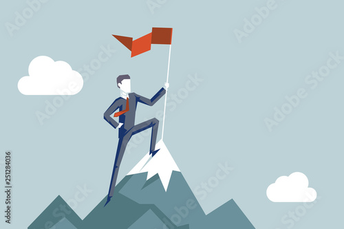 Conquering heights flag businessman conqueror character achievement top point aoal mountain background business concept flat design vector illustration