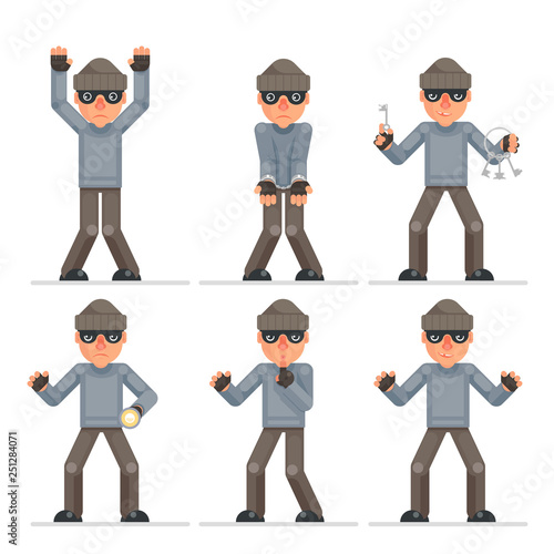 Evil greedily housebreaker thief cartoon rogue bulgar captured character flat design isolated set vector illustration