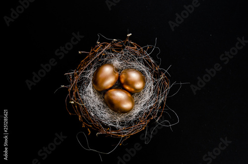 Wallpaper Mural Golden Easter Eggs in birds Nest on black background. Easter Holiday concept abstract background copyspace top view several objects. Torontodigital.ca