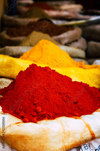 Closeup of various traditional spices sold in the market in India