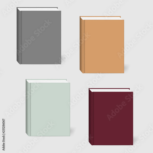 Closed hardcover book set, realistic vector mockup. Blank textbooks with colorful covers, template