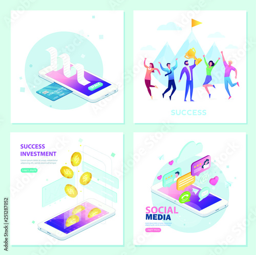 Set of concepts for teamwork, project management, business workflow, success, social media, online payment, investment . Flat isometric vector concept of receipt, online payment, money transfer, mobil