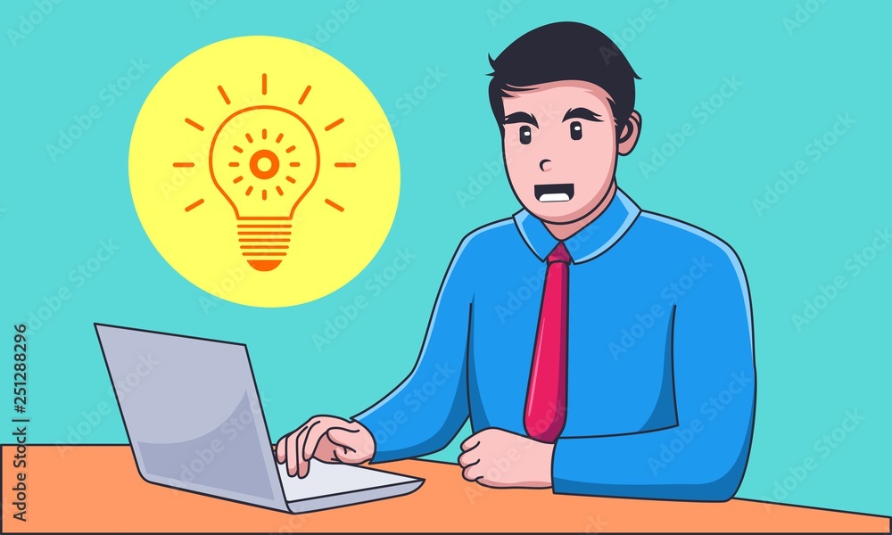 Young businessman working on laptop with idea Young businessman working on laptop with idea
