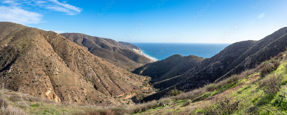 View of Pacific Ocean, from Chumash and Mugu Peak trail, Point Mugu State Park, Ventura County, California, USA