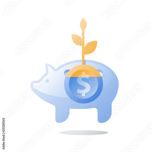 Glass piggy bank, long term investment strategy, coin and plant stem, value increase, pension savings, more money
