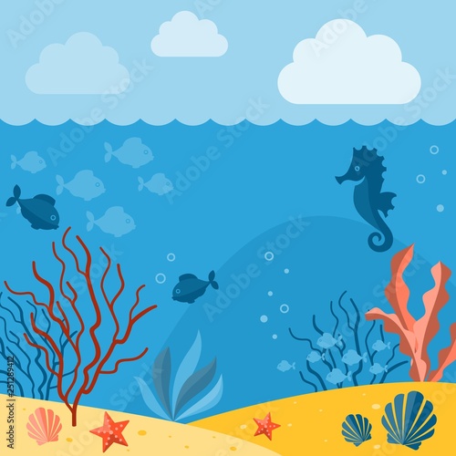 Underwater background. Background with marine animals. Summer background