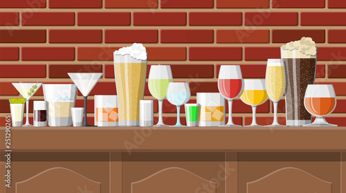 Alcohol drinks collection in glasses in bar. Vodka champagne wine whiskey beer brandy tequila cognac liquor vermouth gin rum absinthe sambuca cider bourbon. Vector illustration in flat style.