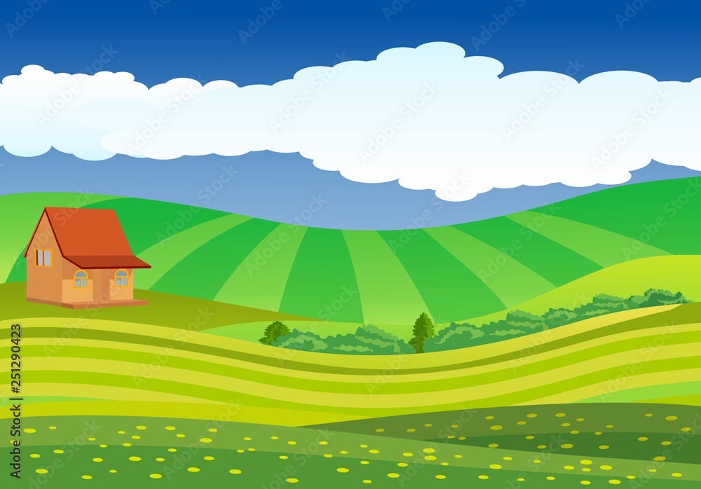 Vector illustration of beautiful fields, meadows landscape with a house, green hills, clouds, blue sky, 