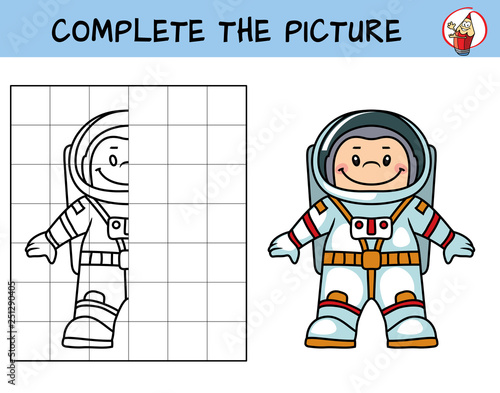 Complete the picture of a astronaut. Copy the picture. Coloring book. Educational game for children. Cartoon vector illustration
