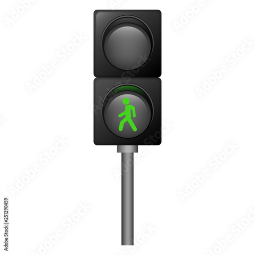 Green pedestrian traffic lights icon. Realistic illustration of green pedestrian traffic lights vector icon for web design isolated on white background