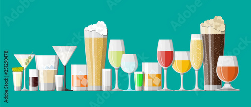 Alcohol drinks collection in glasses. Vodka champagne wine whiskey beer brandy tequila cognac liquor vermouth gin rum absinthe sambuca cider bourbon. Vector illustration in flat style.