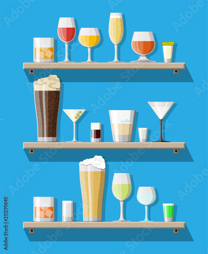 Alcohol drinks collection in glasses on shelves. Vodka champagne wine whiskey beer brandy tequila cognac liquor vermouth gin rum absinthe sambuca cider bourbon. Vector illustration in flat style.