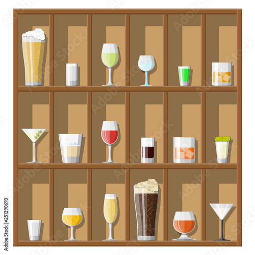 Alcohol drinks collection in glasses on shelves. Vodka champagne wine whiskey beer brandy tequila cognac liquor vermouth gin rum absinthe sambuca cider bourbon. Vector illustration in flat style.