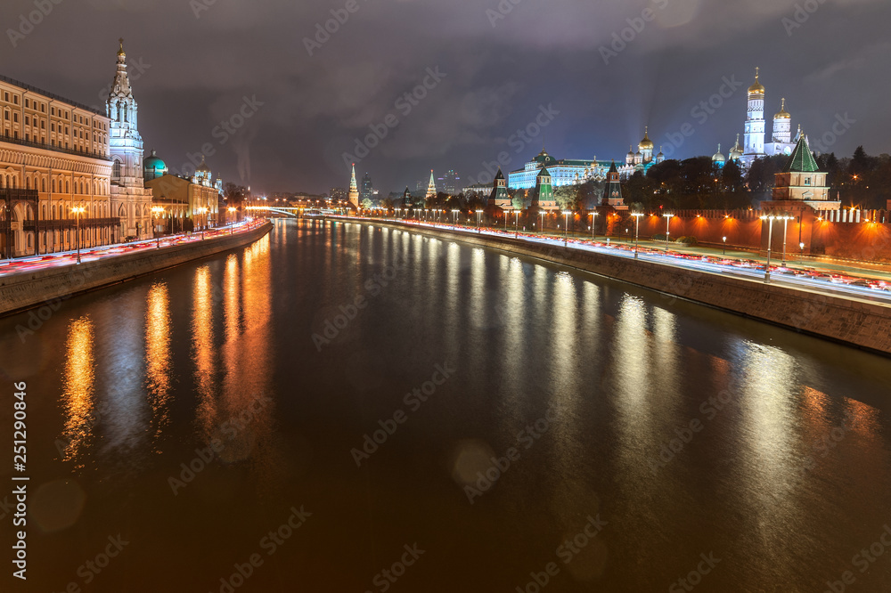 Moscow Kremlin embankment in the summer evening, Overcast, rainy night