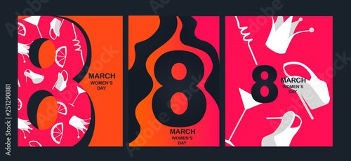 8 matrch womens day bright banners with womans objects and eight. Vector illustration