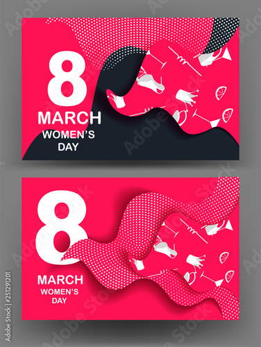 Women's day  bright banners with girls deco objects. Vector illustration