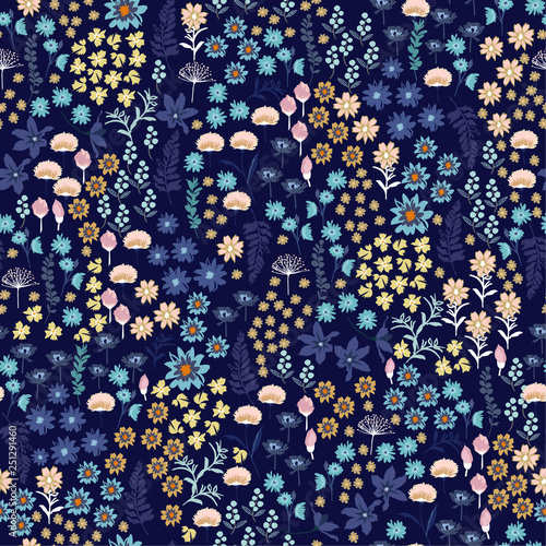 Full blooming liberty many kind of Wild flowers pattern. Hand drawn meadow Floral Seamless vector design for fashion,fabric wallpaper and all prints