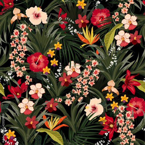 Dark tropical background with jungle plants. Vector exotic pattern with palm leaves and flowers,orchid seamless vector design for fashion,fabric wallpaper and all prints