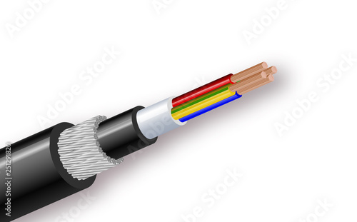Fiber optic tight buffered cable structure isolated on white background. Vector realistic illustration.