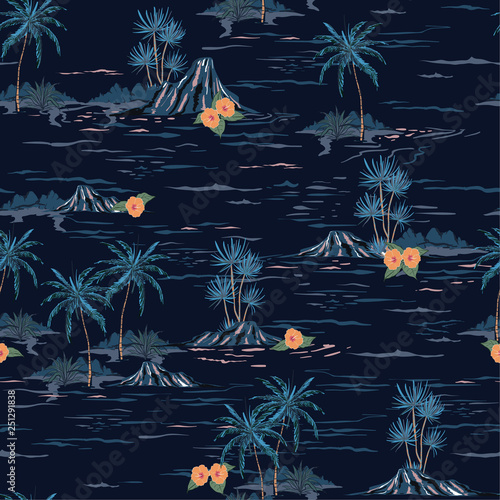 Dark summer night mood seamless island pattern  Landscape with palm trees,beach and ocean vector hand drawn style