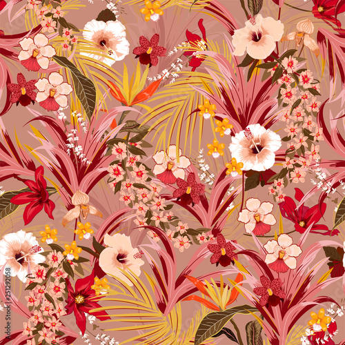 Fototapeta Naklejka Na Ścianę i Meble -  Stylish retro tropical background with deep jungle plants. Vector exotic pattern with palm leaves and flowers,orchid seamless vector design for fashion,fabric wallpaper and all prints