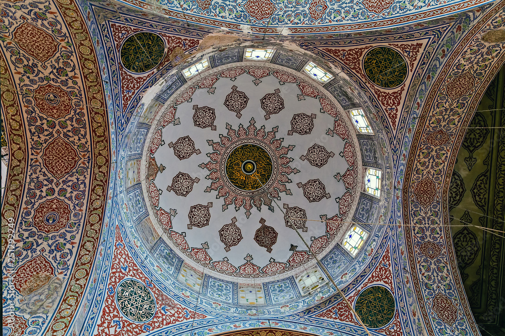 Fragment of the ceiling painting of the Sultan Ahmed Mosque. Ceramic Blue tile