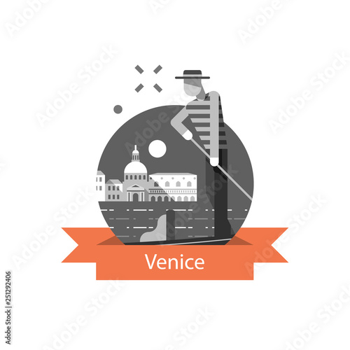 Travel destination, Italy, Venice symbol, famous landmark, gondola and man in hat