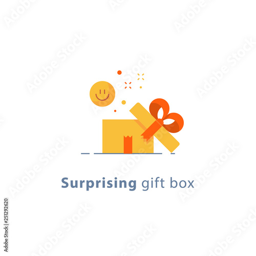 Prize give away, surprising gift, emotional present, fun experience, gift idea concept, flat icon