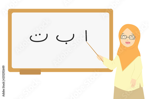 Female Muslim teacher pointing to Hijaiyah alphabet character or Arabic letters on a whiteboard