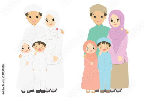 Muslim family portrait in white dress and colorful dress, vector illustration.