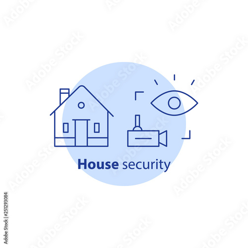 House video camera surveillance, alarm guard system, home security, burglary protection, property break in insurance, stroke icon