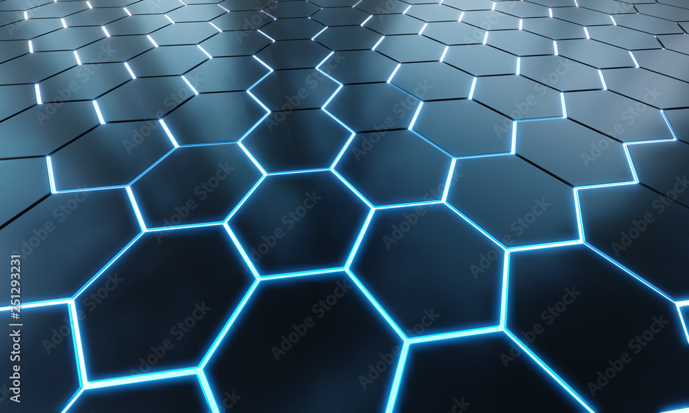 Glowing black and blue hexagons background pattern on silver metal surface 3D rendering