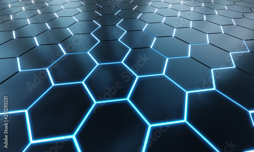 Glowing black and blue hexagons background pattern on silver metal surface 3D rendering