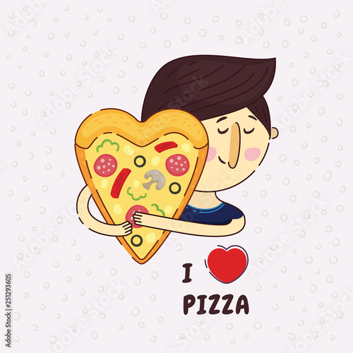 Heart shaped pizza vector illustration. A man passionately lovingly embraces pizza.
