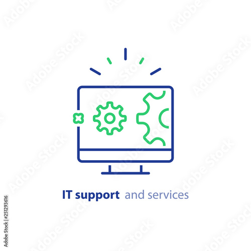 Computer upgrade, system update, software installation, repair services, IT support line icon