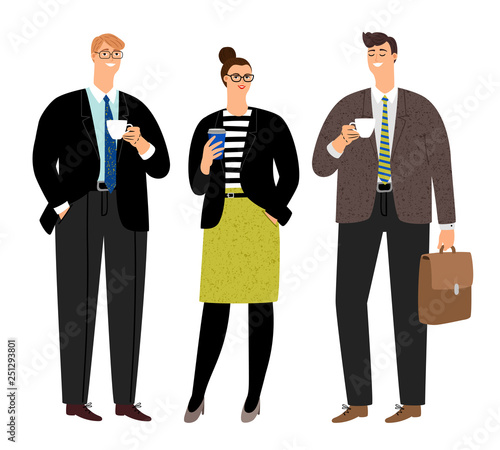 Business coffee break. Office people persons group with tea caps, businesswoman and businessmen friendly talking and drinking coffee, vector illustration