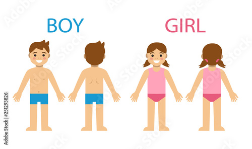 cartoon boy and girl front and back on white background