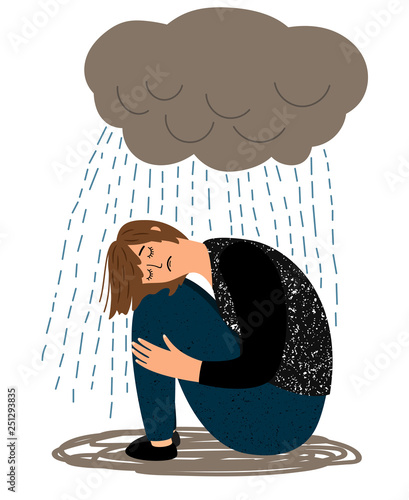 Depressed girl. Cartoon depressive woman and crying rain, ill sorrow miserable unhappy woman depression, miserables depress feeling, vector illustration