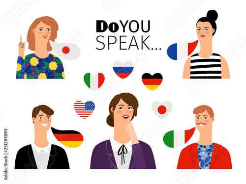 Foreign language school persons. International languages people teaching communication translations, men and women foreigners students, vector illustration