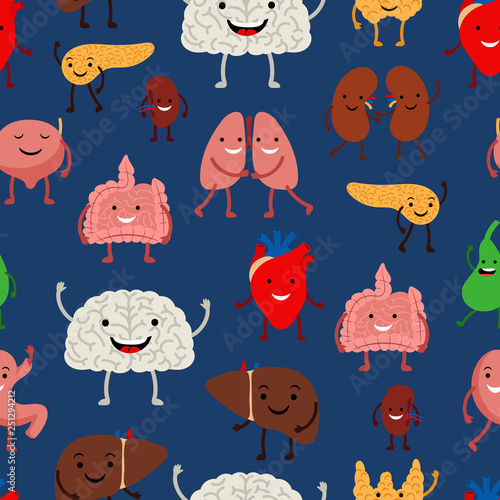 Human internal organs emoji seamless pattern on dark blue background, vector illustration